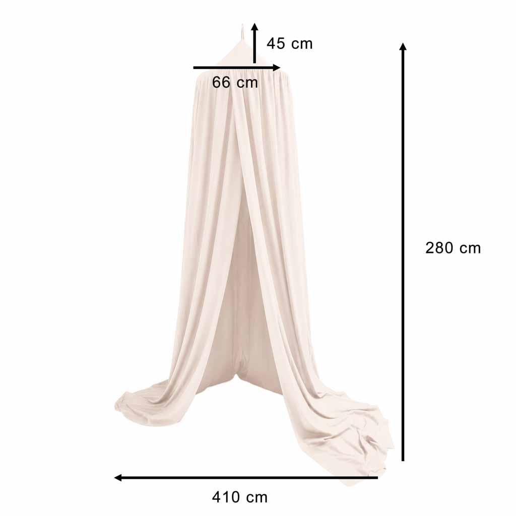 Beeži baldahhiini mõõtjoonis: kõrgus 280 cm, rõnga läbimõõt 66 cm ja kanga laius 410 cm